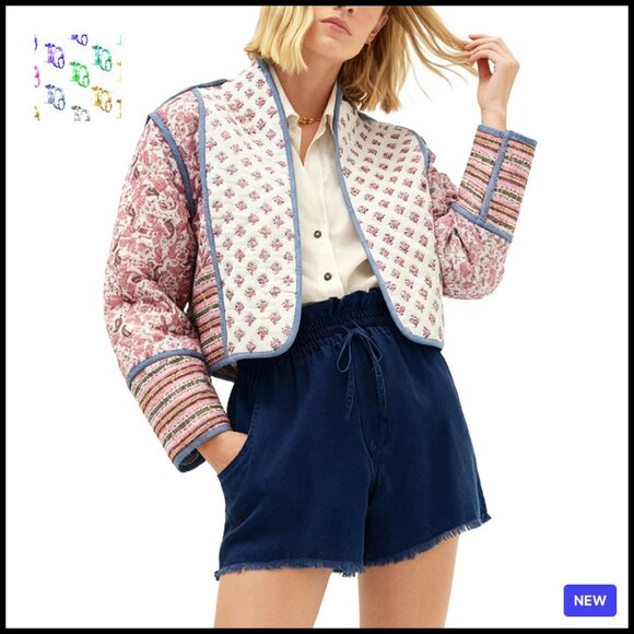 Floral Quilted Puffer Jacket Cropped Vintage Patchwork Lightweight Outerwear